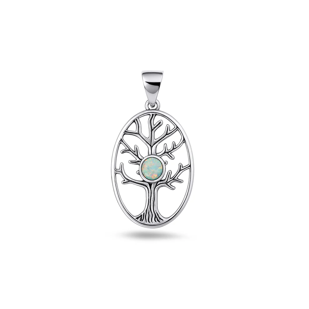 Sterling Silver Oxidized And Polished Tree Of Life White Lab Opal Pendant