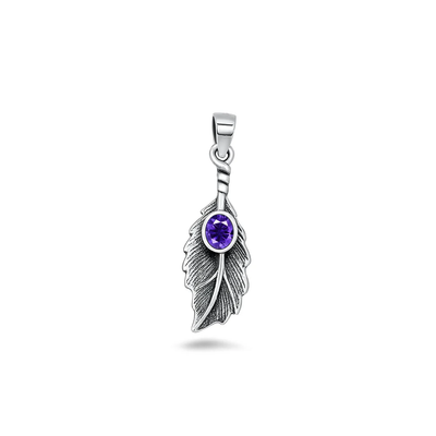 Sterling Silver Oxidized And Polished Leaf Amethyst CZ Pendant