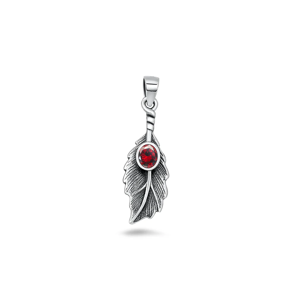 Sterling Silver Oxidized And Polished Leaf Garnet CZ Pendant