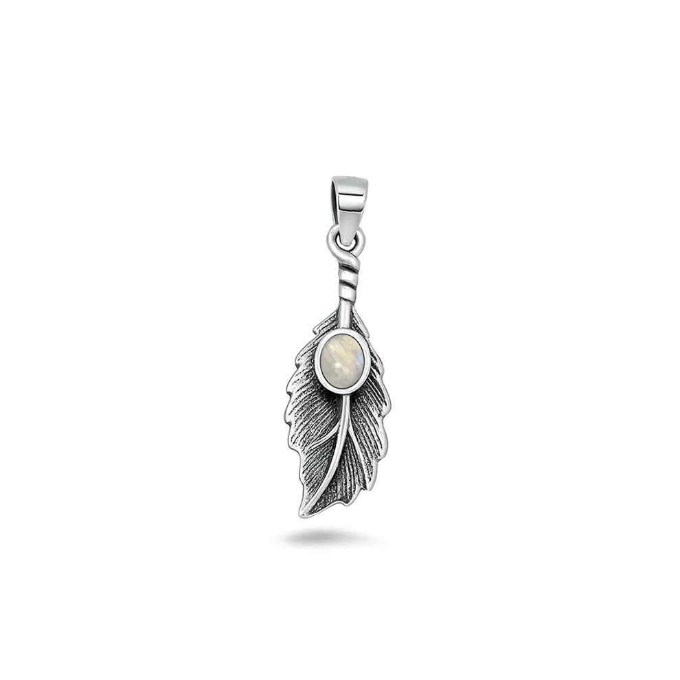 Sterling Silver Oxidized And Polished Moonstone Feather Pendant