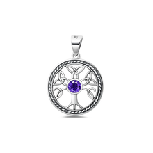 Load image into Gallery viewer, Sterling Silver Oxidized And Polished 19mm Celtic Tree Of Life Amethyst CZ Pendant