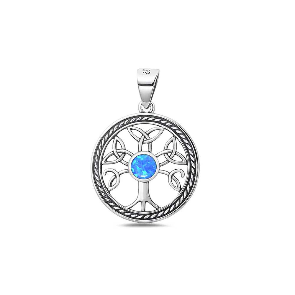 Sterling Silver Oxidized And Polished Blue Lab Opal Celtic Tree Pendant