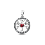 Sterling Silver Oxidized And Polished 19mm Celtic Tree Of Life Garnet CZ Pendant