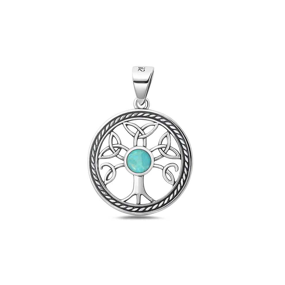 Sterling Silver Oxidized And Polished 19mm Celtic Tree Genuine Turquoise Stone Pendant
