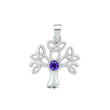 Sterling Silver Oxidized And Polished Celtic Tree Of Life Amethyst CZ Pendant