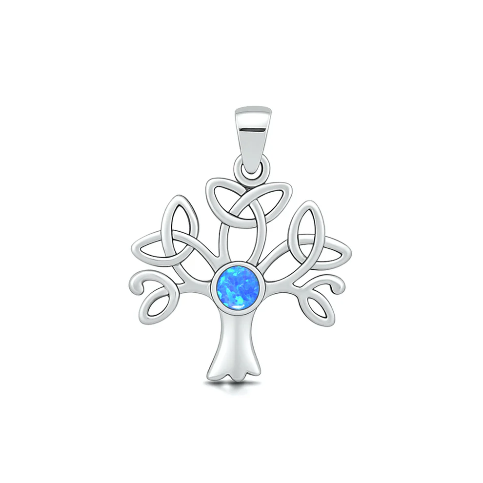 Sterling Silver Oxidized And Polished Celtic Tree Blue Lab Opal Pendant