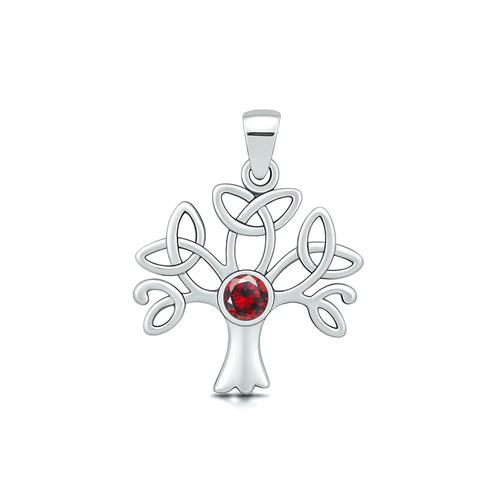 Sterling Silver Oxidized And Polished Celtic Tree Of Life Garnet CZ Pendant