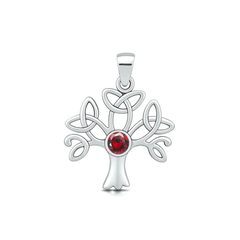 Sterling Silver Oxidized And Polished Celtic Tree Of Life Garnet CZ Pendant