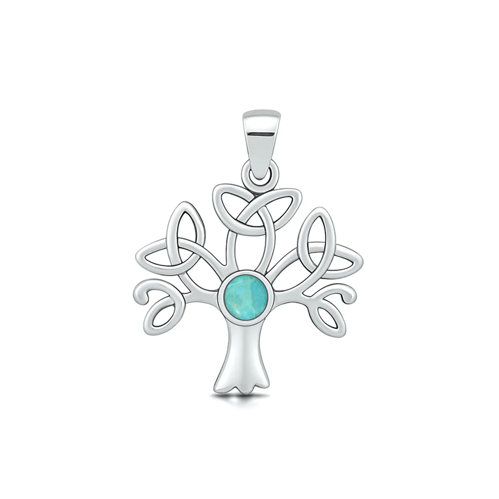 Sterling Silver Oxidized And Polished Celtic Tree Genuine Turquoise Stone Pendant