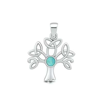 Sterling Silver Oxidized And Polished Celtic Tree Genuine Turquoise Stone Pendant