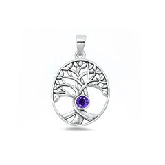 Sterling Silver Oxidized And Polished Tree Of Life Amethyst CZ Pendant
