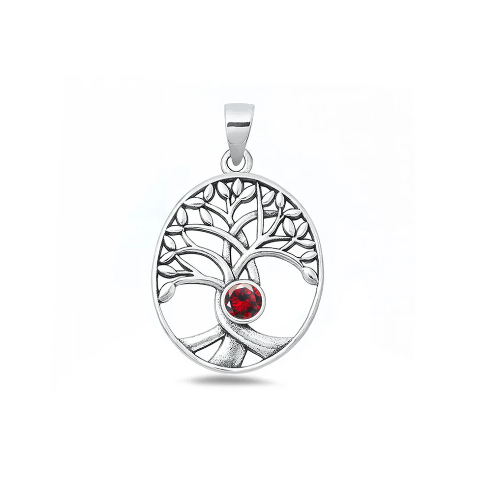 Sterling Silver Oxidized And Polished Tree Of Life Garnet CZ Pendant