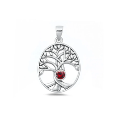 Sterling Silver Oxidized And Polished Tree Of Life Garnet CZ Pendant