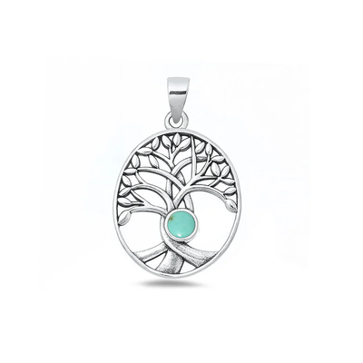 Sterling Silver Oxidized And Polished 25mm Tree Of Life Genuine Turquoise Stone Pendant