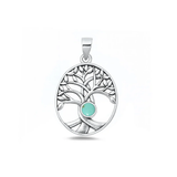 Sterling Silver Oxidized And Polished 25mm Tree Of Life Genuine Turquoise Stone Pendant