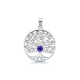 Sterling Silver Oxidized And Polished Round With Tree Of Life Amethyst CZ Pendant