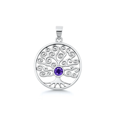 Sterling Silver Oxidized And Polished Round With Tree Of Life Amethyst CZ Pendant