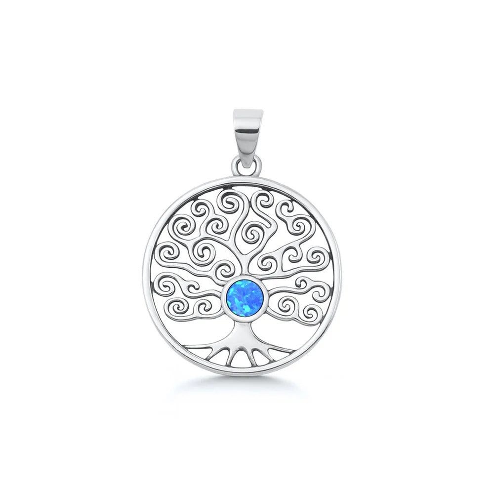 Sterling Silver Oxidized And Polished Tree Of Life Blue Lab Opal Pendant