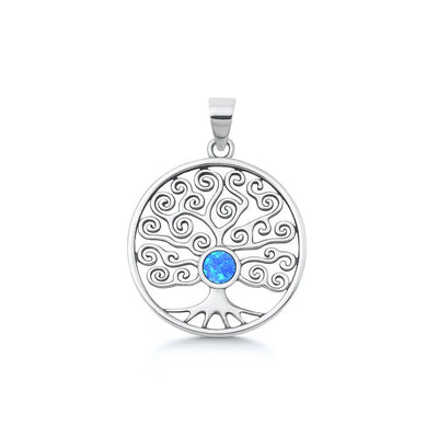 Sterling Silver Oxidized And Polished Tree Of Life Blue Lab Opal Pendant
