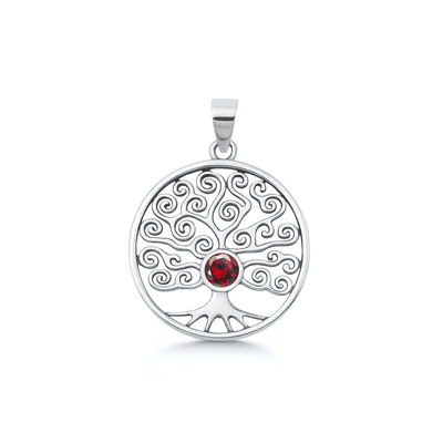 Sterling Silver Oxidized And Polished Round With Tree Of Life Garnet CZ Pendant