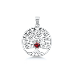 Sterling Silver Oxidized And Polished Round With Tree Of Life Garnet CZ Pendant