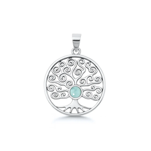 Load image into Gallery viewer, Sterling Silver Oxidized And Polished Larimar Stone Tree Of Life Pendant