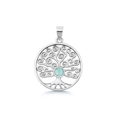 Sterling Silver Oxidized And Polished Larimar Stone Tree Of Life Pendant