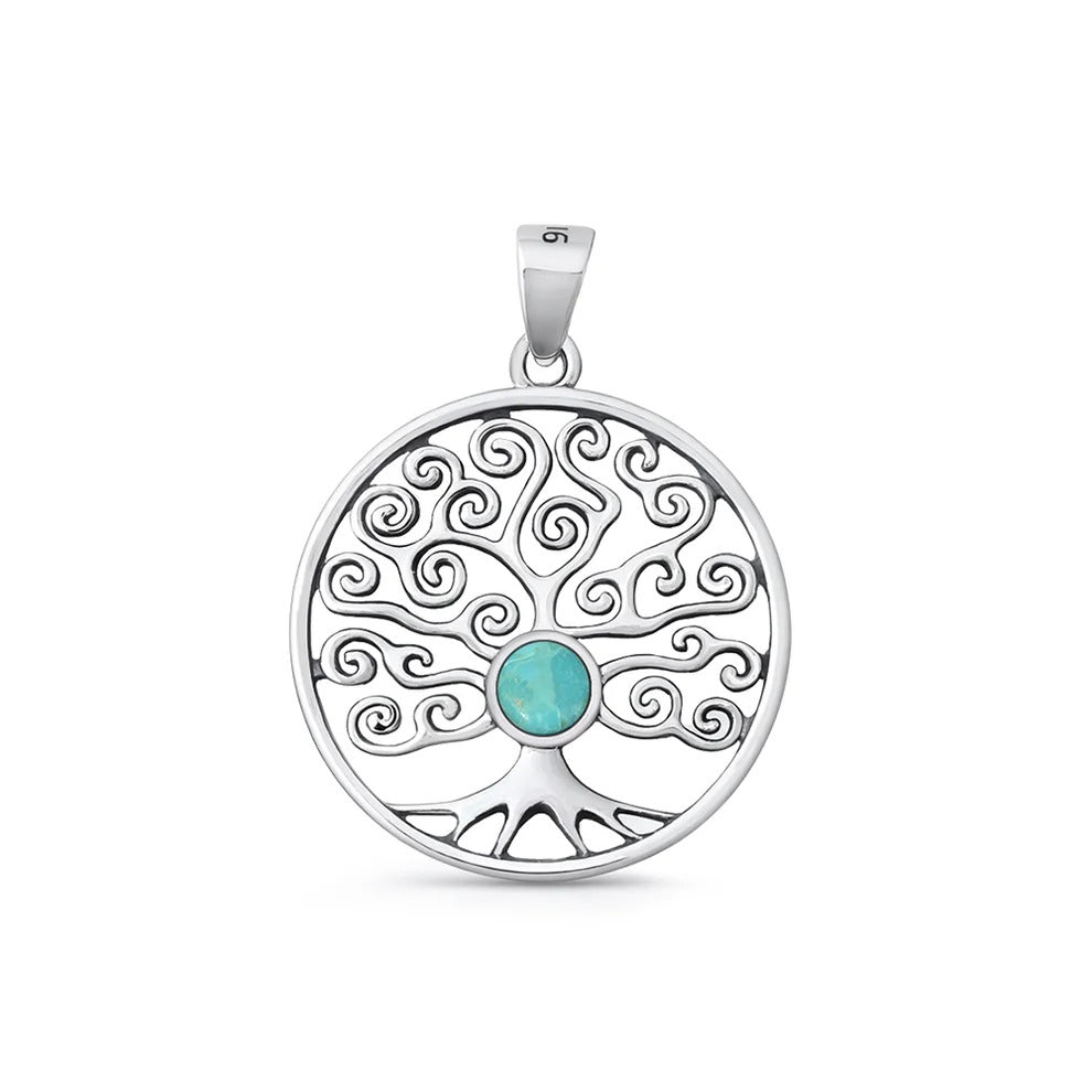 Sterling Silver Oxidized And Polished Tree Of Life Turquoise Pendant