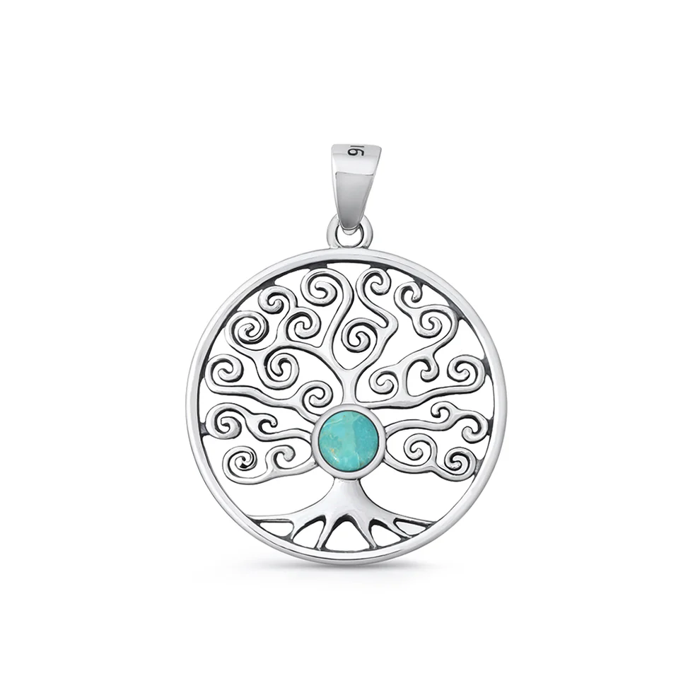 Sterling Silver Oxidized And Polished Tree Of Life Genuine Turquoise Stone Pendant