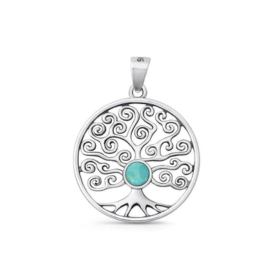 Sterling Silver Oxidized And Polished Tree Of Life Turquoise Pendant