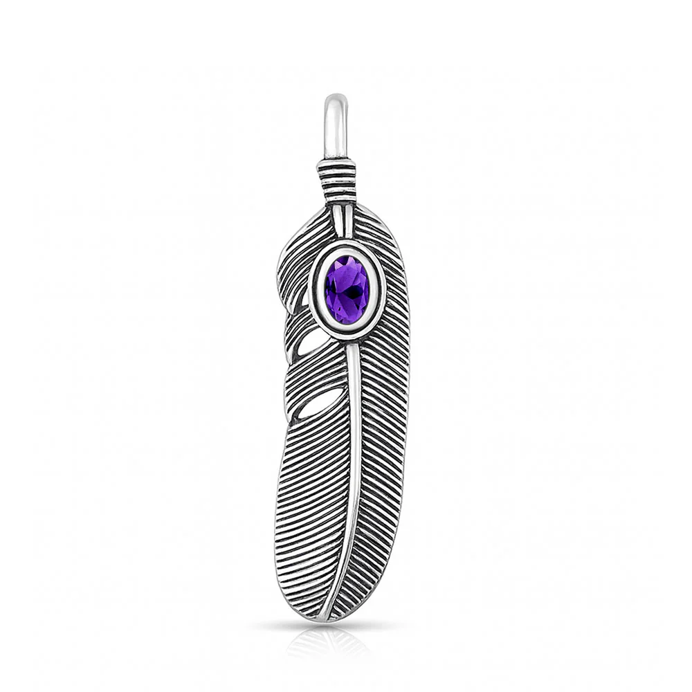 Sterling Silver Oxidized And Polished Feather Amethyst CZ Pendant