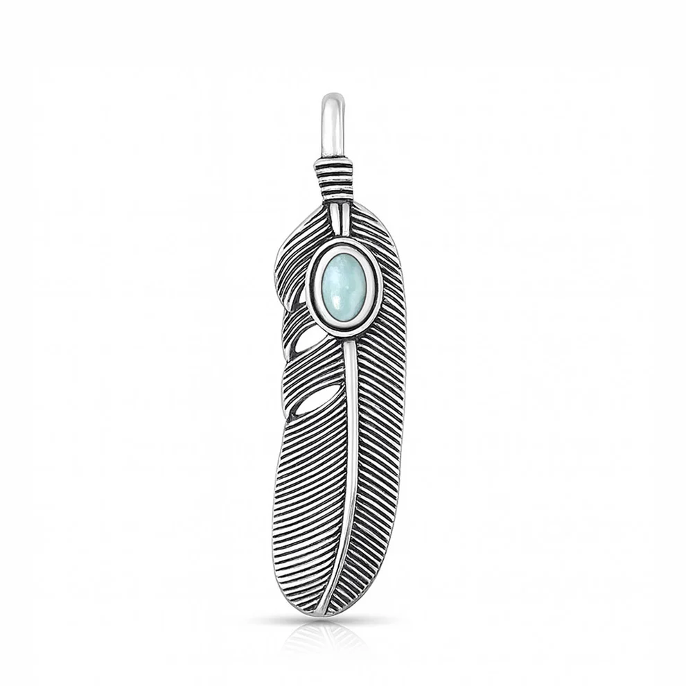 Sterling Silver Oxidized And Polished Feather Larimar Stone Pendant