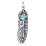 Sterling Silver Oxidized And Polished 40mm Feather Genuine Turquoise Stone Pendant