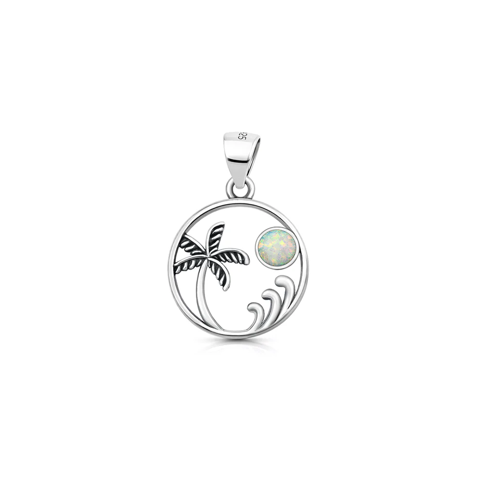 Sterling Silver Oxidized And Polished Beach Palm Tree White Lab Opal Pendant