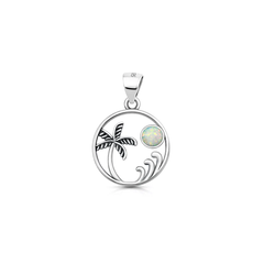 Sterling Silver Oxidized And Polished Beach Palm Tree White Lab Opal Pendant