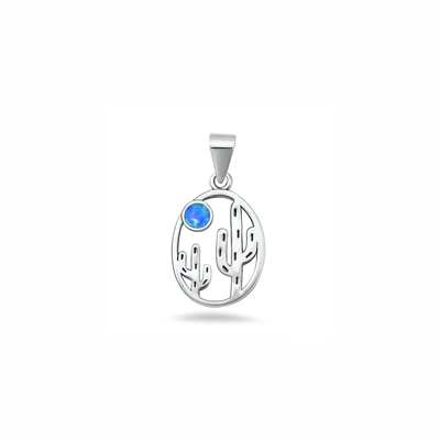 Sterling Silver Oxidized And Polished Cactus Blue Lab Opal Pendant