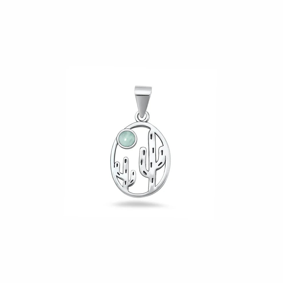Sterling Silver Oxidized And Polished Larimar Stone Cactus Pendant
