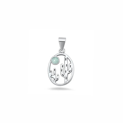 Sterling Silver Oxidized And Polished Larimar Stone Cactus Pendant