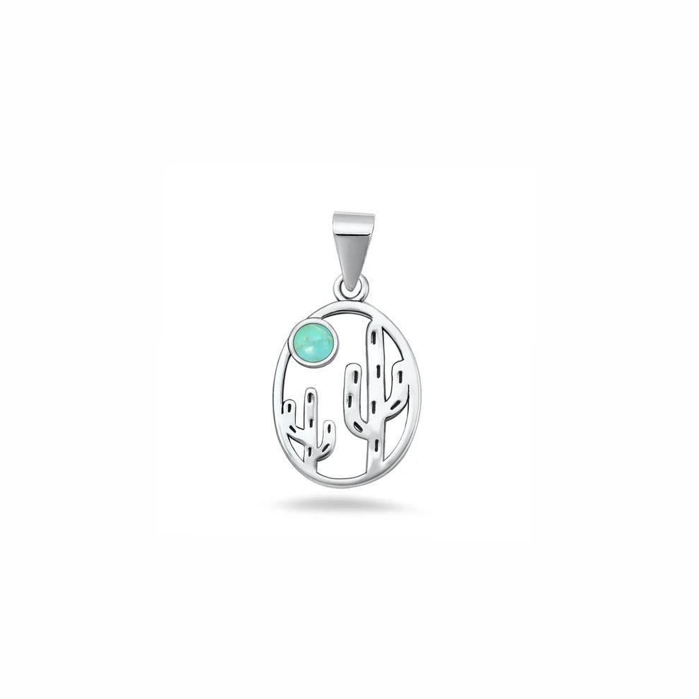 Sterling Silver Oxidized And Polished Turquoise Stone Cactus Pendant