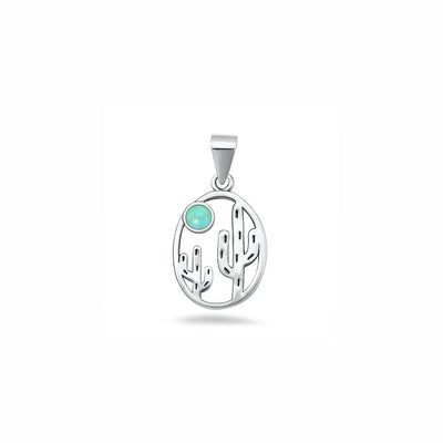 Sterling Silver Oxidized And Polished Turquoise Stone Cactus Pendant