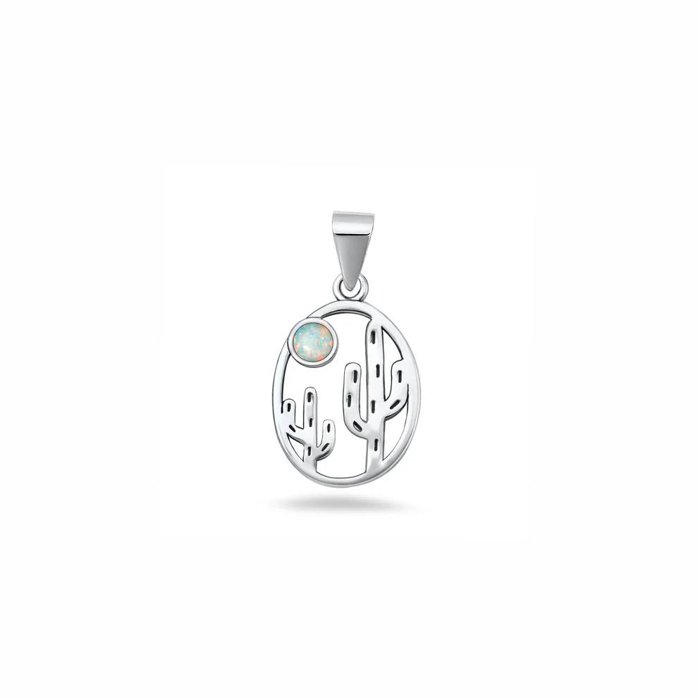 Sterling Silver Oxidized And Polished Cactus White Lab Opal Pendant