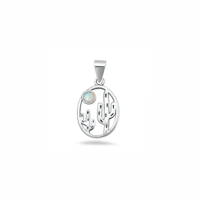 Sterling Silver Oxidized And Polished Cactus White Lab Opal Pendant