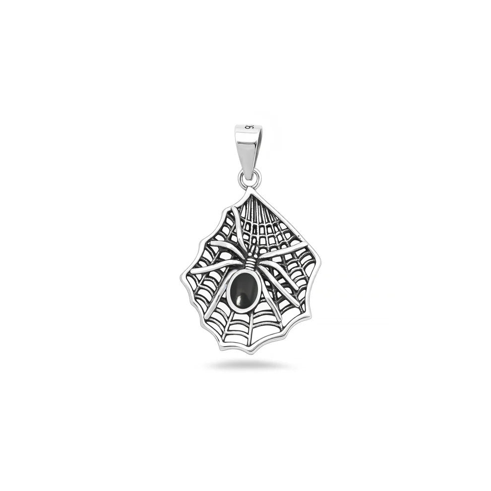 Sterling Silver Oxidized And Polished Black Onyx Stone Spiderweb Pendant