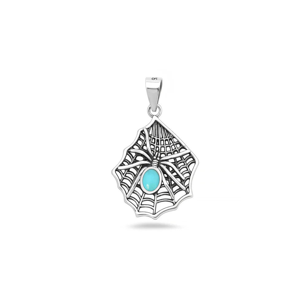 Sterling Silver Oxidized And Polished Turquoise Stone Spiderweb Pendant