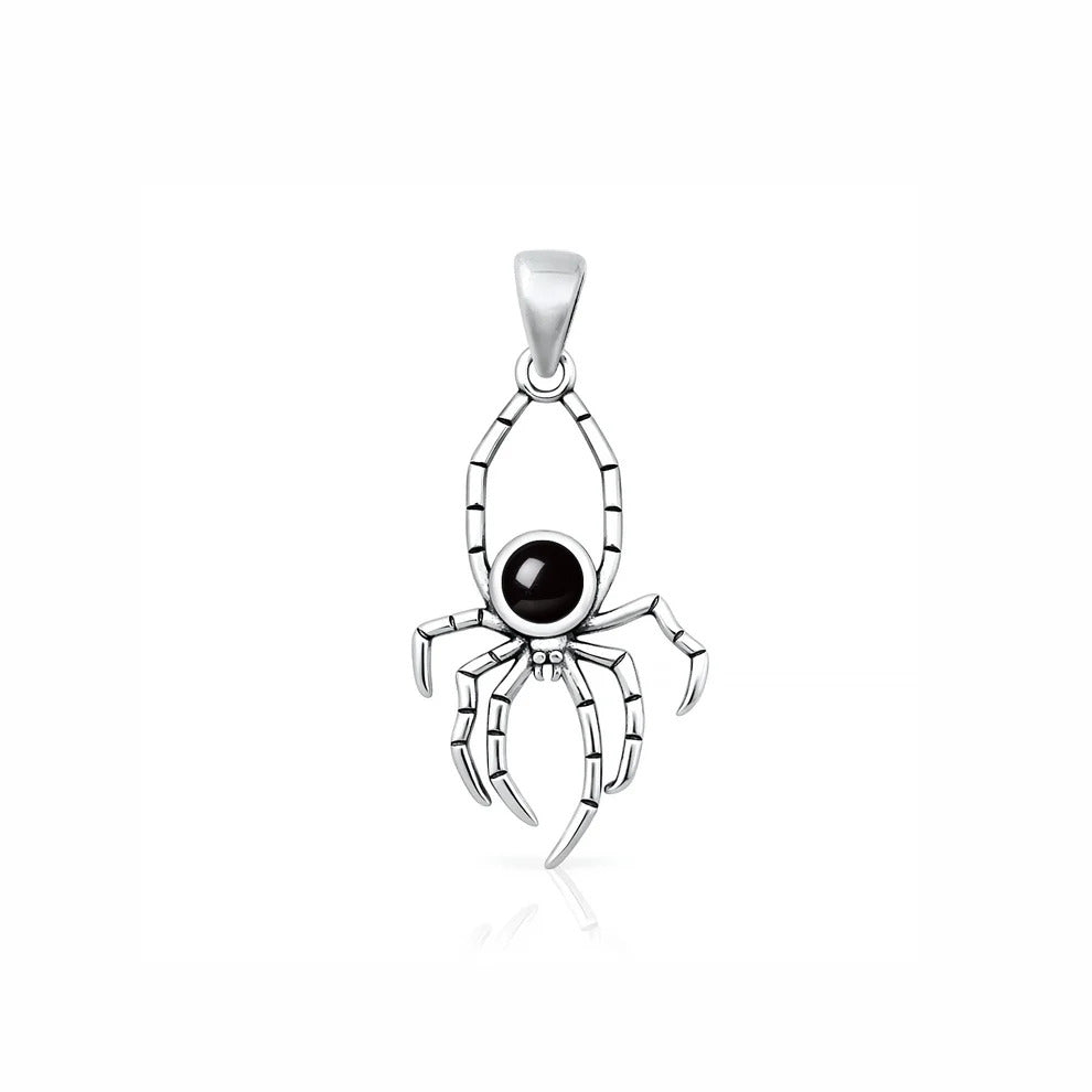 Sterling Silver Oxidized And Polished Black Onyx Stone Spider Pendant