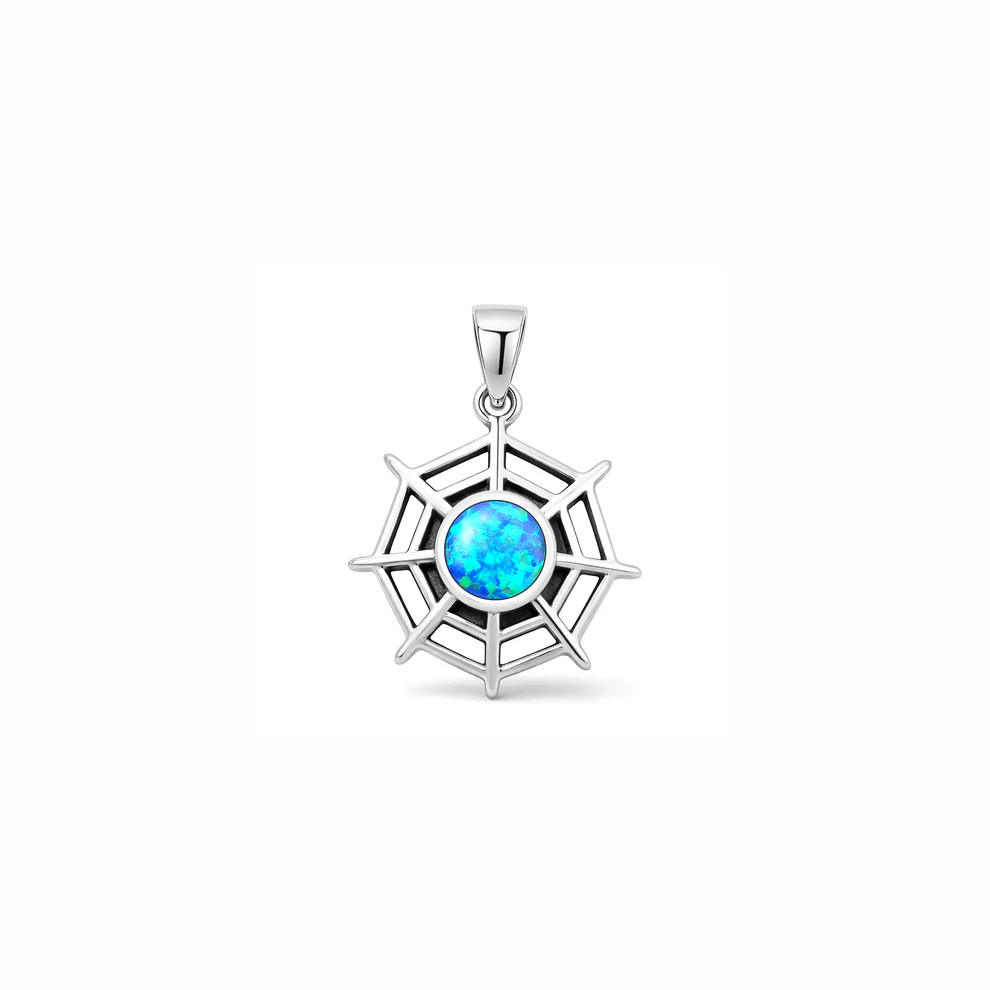 Sterling Silver Oxidized And Polished Blue Lab Opal Spiderweb Pendant