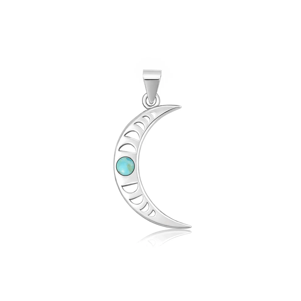 Sterling Silver Oxidized And Polished Crescent Moon Turquoise Stone Pendant