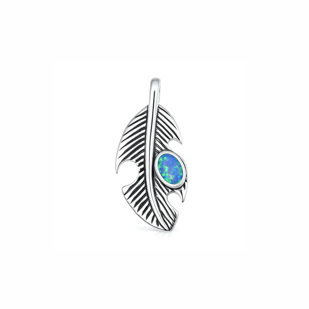 Sterling Silver Oxidized And Polished Feather Blue Lab Opal Pendant