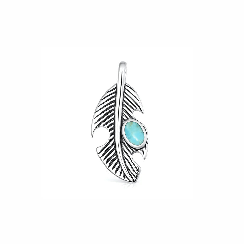 Sterling Silver Oxidized And Polished Genuine Turquoise Feather Pendant