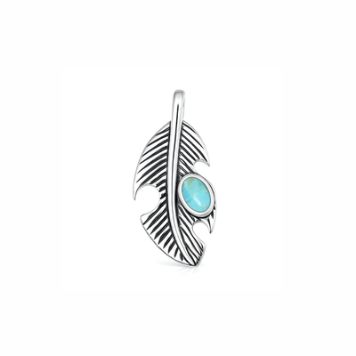 Sterling Silver Oxidized And Polished Feather Genuine Turquoise Stone Pendant